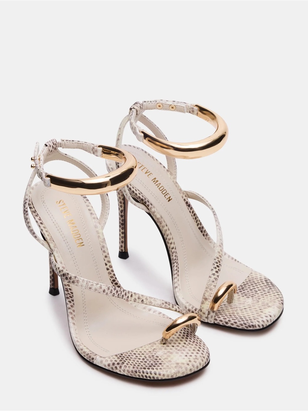 Steve Madden Beige Snake-Print Heeled Sandals with Gold Accents